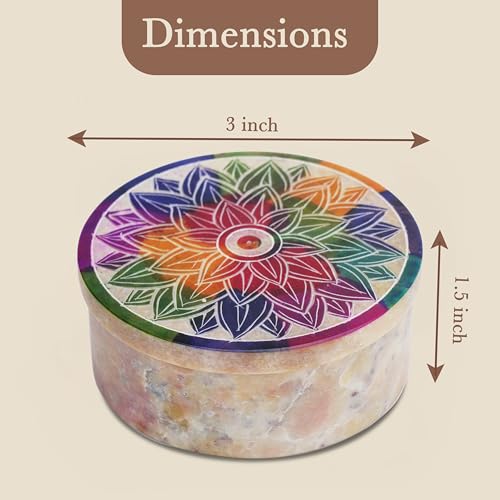 Ajuny Small Jewelry Box Handmade Marble Soapstone Mandala Trinket Holder | Handcarved Round Container for Rings, Keepsakes, Dresser Accent, Shelf Display, and Gifting 3 x 3 x 1.2 inch