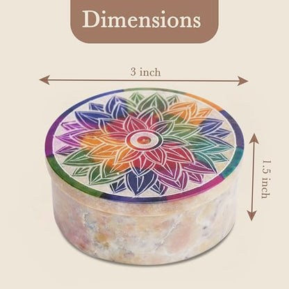 Ajuny Small Jewelry Box Handmade Marble Soapstone Mandala Trinket Holder | Handcarved Round Container for Rings, Keepsakes, Dresser Accent, Shelf Display, and Gifting 3 x 3 x 1.2 inch