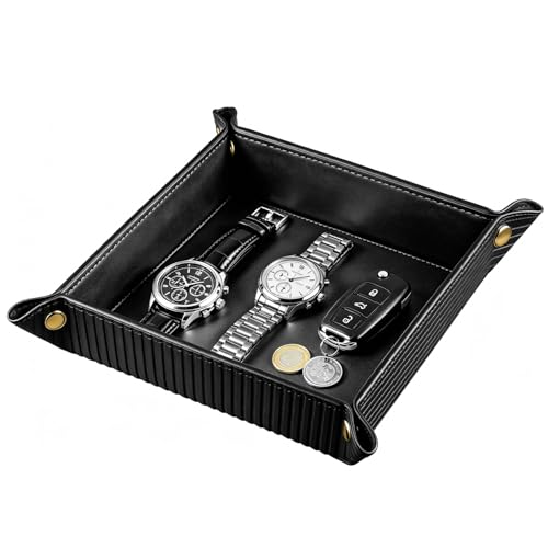 YAPISHI Travel Valet Tray,Foldable PU Leather Catchall Tray,Coin Bowl Dish | Valet Tray for Men and Women,Key Wallet Watch Dice Jewelry Organizer Caddy for Nightstand,Dresser,Desk,Entryway,Hotel,Dorm - color: 2#-black Rome