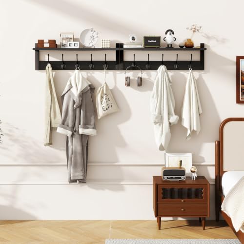 YMYNY 47.2" Coat Rack Wall Mount with Shelf and 10 Hooks, Black UHWS004B-2 | 2 Pack Coat Hooks Wall Mount, Wood Wall Mounted Coat Rack with Hooks, Coat Hanger Wall Mount, Wall Hooks for Hanging - color: Black