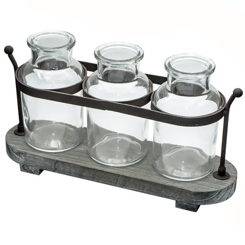 Propagation Stations with Rustic Wood Metal Stand, Glass Vase Set with Wicker Basket Holder, 3 Bottles, Rustic Farmhouse Decor, Home and Office Table Decor (Set of 3 Bottles)