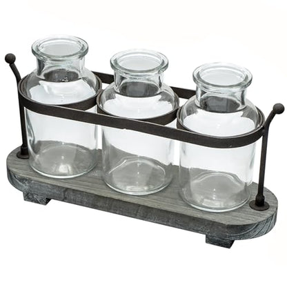 Propagation Stations with Rustic Wood Metal Stand, Glass Vase Set with Wicker Basket Holder, 3 Bottles, Rustic Farmhouse Decor, Home and Office Table Decor (Set of 3 Bottles)