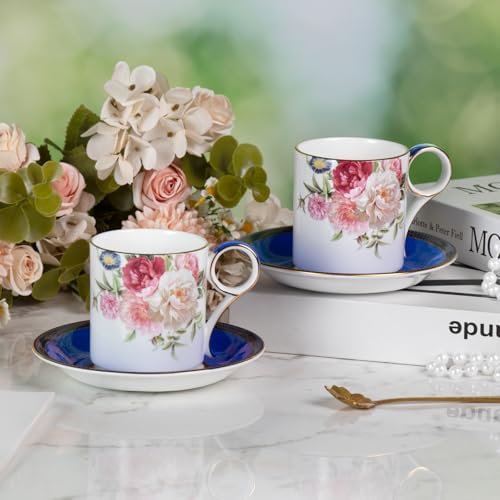 KAMMAK Tea Cups and Saucers Set of 2, Porcelain Coffee Cups, JBE015 | Stackable Espresso Mugs, Ceramic Demitasse for Coffee, Cappuccino, Latte, Americano, Tea - size: 8CZJBE015