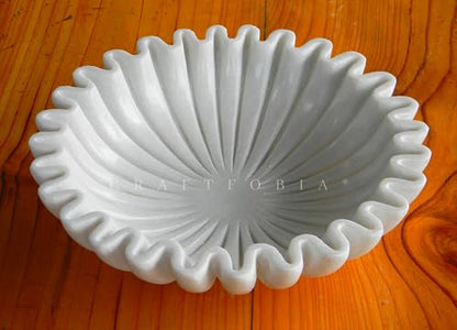 White Marble Ruffle Bowl – Handcrafted Decorative Scalloped Edge Marble Bowls – Fluted Stone Centerpiece for Table, Kitchen, Entryway – 12 Inch Natural Stone - size: 12 inches