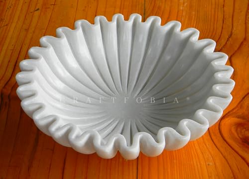 White Marble Ruffle Bowl – Handcrafted Decorative Scalloped Edge Marble Bowls – Fluted Stone Centerpiece for Table, Kitchen, Entryway – 12 Inch Natural Stone - size: 12 inches