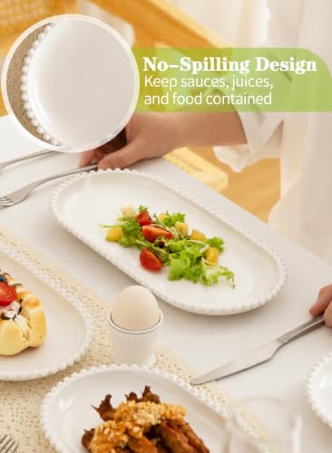 12 Inch Porcelain Serving Platters, White Ceramic Trays, Set of 6 | Oval Serving Plate with Beaded Edge, For Steak, Taco, Sushi, Appetizer, Cake, Dishwasher & Oven Safe