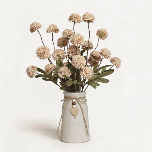 Artificial Chrysanthemum Flower Arrangement in Rustic Ceramic Vase with Heart Charm, 25 Heads Faux Pompon Mum Bouquet, 15'' Farmhouse Table Centerpiece for Dining Table, Home Décor, Beige - color: Beige