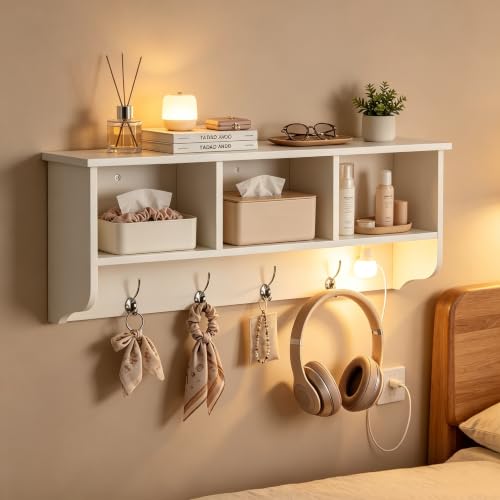 38.6inch Wall Mounted Entryway wooden Coat Rack with Storage Shelf 4 Dual Hooks Wooden Storage Living Room Wall Cabinet with 3 Cubbies Space Saving Hanging Shelf for Hats Bags Coats (White) - color: White