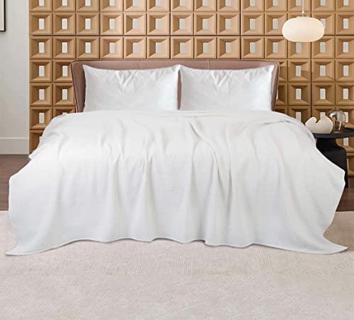 100% Cotton Waffle Weave Blanket, King Size 90 x 108 Inches, 300 GSM Lightweight Breathable Cooling Bed Blanket for Summer & All Season, Soft Woven Blanket, White - color: White, size: 90x108-King