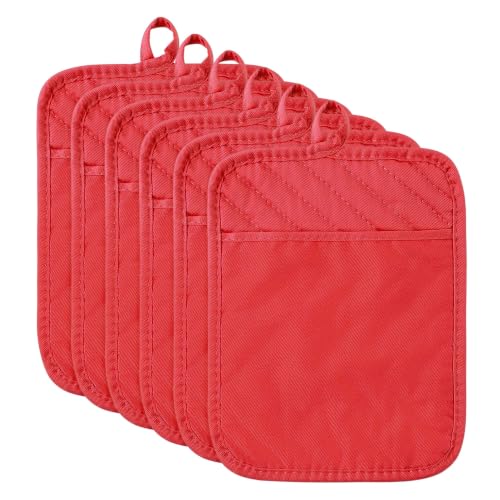 R HORSE 6 Pack Red Pot Holders with Pocket for Kitchen, 7''x 9'' | Cotton Kitchen Potholder, Heat Resistant Oven Mitts, Non-Slip Hot Pads Terry Cloth, Ideal for Baking, Cooking, Christmas Gift - color: Red