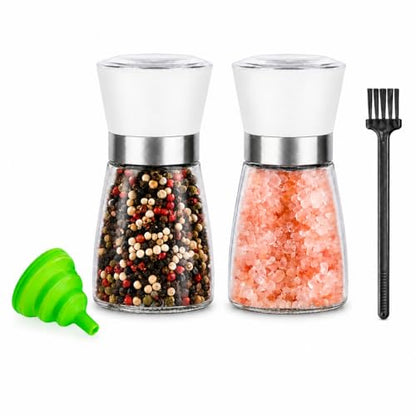 Premium Salt and Pepper Grinder Set of 2, 6 oz Refillable Glass Salt and Pepper Shakers with Adjustable Ceramic Grinder, Manual Pepper Mill Set Includes Funnel & Cleaning Brush, Transparent Lid - color: White, size: 2.6"W x 5"H