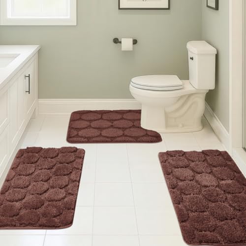 Bath Rugs Set 3 Pieces Bathroom Mat Soft Absorbent Plush Shaggy Soft Floor Non Slip Shower Bath Tub Machine Washable - color: Cocoa-round, size: 20"x32"/20"x20"/17"x24"