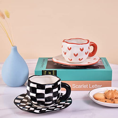 Koythin 10oz Irregular Ceramic Mug With Saucer, Red Heart Latte Tea Cup | 300ml Creative Heart Cup, Dual Safe Ceramic; Home Office Use, Lovely Women Gift - color: Red Heart