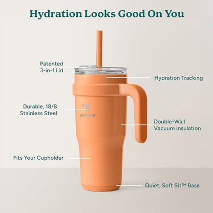 REDUCE 24 oz Tumbler with Handle - Vacuum Insulated Stainless Steel Travel Mug with Sip-It-Your-Way Lid and Straw - Keeps Drinks Cold up to 24 Hours - Sweat Proof, Dishwasher Safe - OG Papaya - color: Papaya, size: 24 Ounces