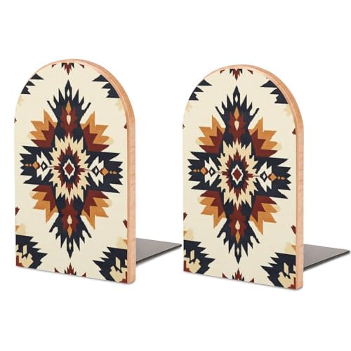 Native Geometric Pattern Southwestern Wooden Bookends Shelves 2 PCS Sturdy Book Holders Desktop Organizer for Home Office Libraries