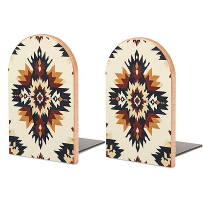 Native Geometric Pattern Southwestern Wooden Bookends Shelves 2 PCS Sturdy Book Holders Desktop Organizer for Home Office Libraries