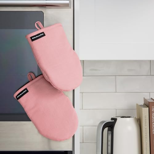 KITCHENAID Gourmet Series Gridlines Mini Oven Mitts 2-Pack Set, Heat Resistant up to 600°F, Soft Silicone Grip, Magnetic Cuff, Dried Rose, 5.5"x9" - color: Dried Rose