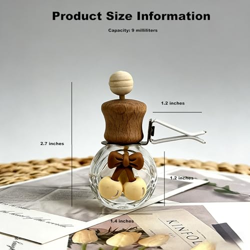 2 Pack Bow Refillable Car Vent Clip Diffuser Empty Glass Bottle | Wood cap aroma bottle with dropper, DIY essential oil freshener for car closet home bathroom - size: Bear-A2 - 2PCS