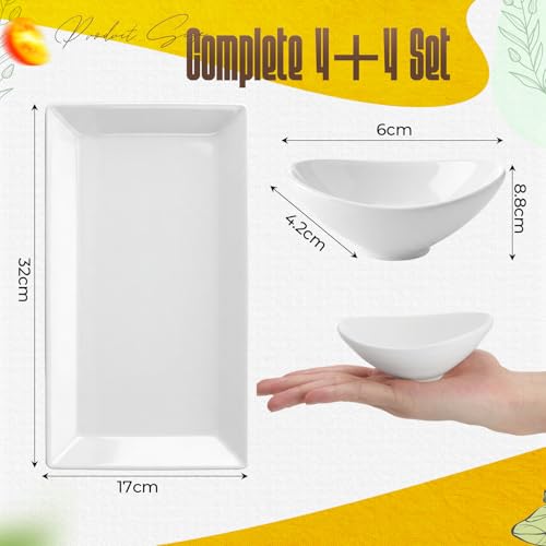 12.6" White Ceramic Serving Tray Set, 4 Rectangular Platters & 4 Dipping Bowls, Chips Salsa Veggie Taco Fry Serving Dishes, Reusable Charcuterie Sushi Plate for Party Kitchen Home