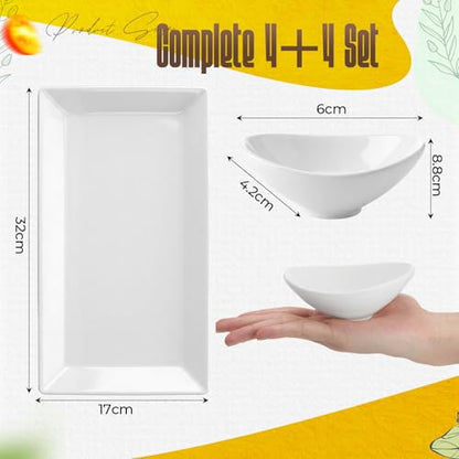 12.6" White Ceramic Serving Tray Set, 4 Rectangular Platters & 4 Dipping Bowls, Chips Salsa Veggie Taco Fry Serving Dishes, Reusable Charcuterie Sushi Plate for Party Kitchen Home