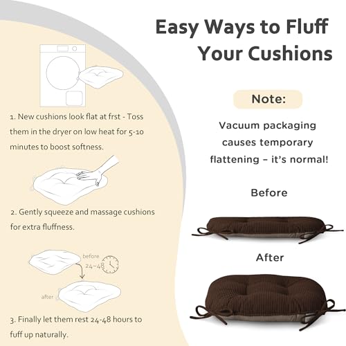 ELFJOY Dining Chair Cushions Set of 2 Non Slip 18"X18"X3" Brown | Thick,Textured Fabric, with Ties, Tufted, Large, for Kitchen, Dining Room, Indoor, Bedroom, Living Room, Office, Comfortable - color: Brown