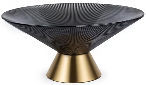 Tapered Glass Decorative Bowl (Gray), 9.8 Inches Handblown Striped Design Glass Bowl with Rust Resistant Metal Base,Decorative Fruit Bowl for Home Decor,Table Centerpiece,Kitchen Island,Dining Decor - color: Gray