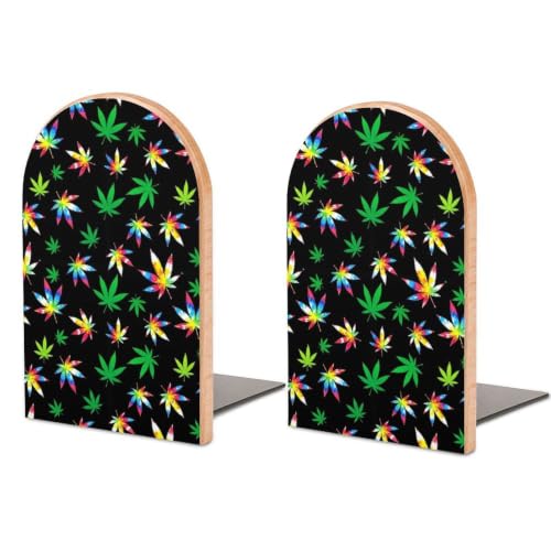Wood Book Ends for Shelves Book Shelf Holder 1 Pair, Tie Dye Weed Leaf | Book Stopper, Bookend Organizers Accessories for Office Home and Library, Small - color: Style(520)