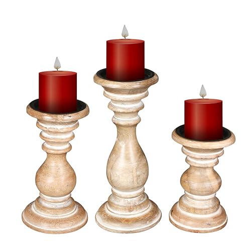 Pillar Candle Holders Set of 3 (10",8" & 6" Height)_White Wash,Candle Holder in Mango Real Wood,Decorative Candle Holders for Table Centerpiece, Wedding, Party, Home Décor, spa, Farmhouse, Gifting - color: White Wash, size: 10"+8"+6" - High