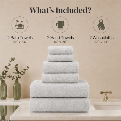 Modern Threads 6 Piece Cotton Bath Towel Set – Ultra Soft 550 GSM Towels – Bathroom Set with Hand Towels and Washcloths – Geometric (Silver Cloud) - color: Silver Cloud, size: Standard, style: Geometric