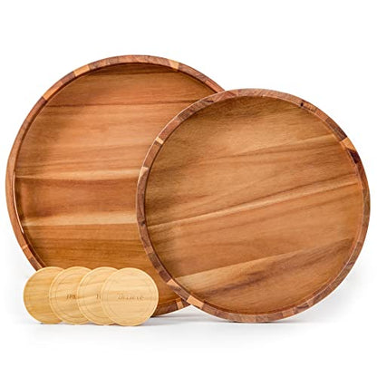 Round Wood Serving Trays Set of 2, Ottoman Tray Rustic Acacia Wooden Trays with Handles, Nesting Circle Tray with 4 Coasters for Coffee Table Living Room Bathroom Bedroom Party - color: 15.75"+13.78" Round Tray - Acacia