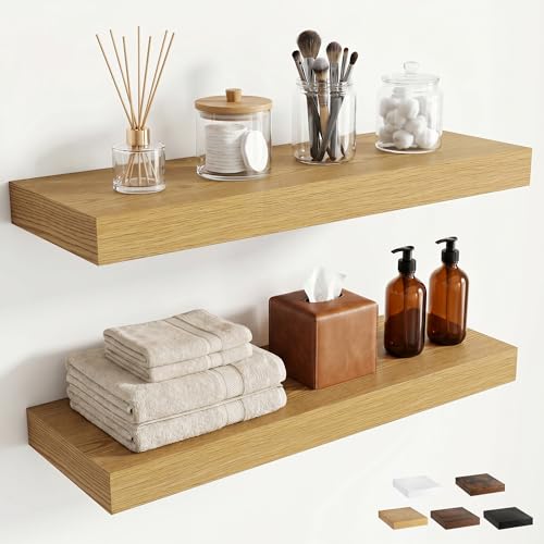 24 inchs Floating Shelves for Wall Mounted Set of 2,Rustic Wood Floating Shelf with Invisible Brackets for Small Bathroom,Bedroom,Living Room,Modern Home Decor -Oak Color - color: Oak, size: 24''W x 7.9''D x 1.5''H,Set of 2-MDF