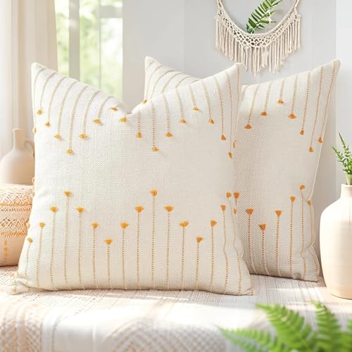 Boho Throw Pillow Covers 18x18 Set of 2,Soft,Washable | Yellow Textured Woven Cotton Decorative Cushion Covers with Hidden Zipper,RV Couch Sofa Bed Patio Beach, Farmhouse Decor - color: Yellow, size: 20" x 20" (Pack of 2)