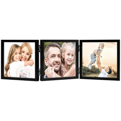WUTL 3 Picture Frame Triple Collage 5x5 Frames with Real Glass Black | Trifold Photo Frame, Hinged Foldable, Crystal Clear Real Glass - color: Black, size: 5x5