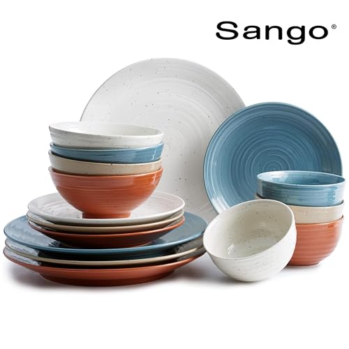 Sango Siterra Painter's Palette 16-Piece Stoneware Dinnerware Set - Service for 4, Ceramic Plates and Bowls Sets, Chip Resistant, Rustic Dishware, Microwave & Dishwasher Safe Kitchen Dishes - color: Rustic Mix, size: 16-Piece Set
