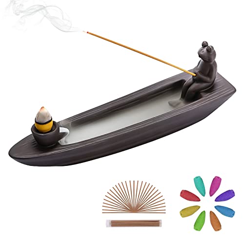 ChangWanna Frog Incense Holder Waterfall - Ceramic Cone Backflow Incense Burner Smoke Fountain, Back Flowing Incense Diffuser with 45 Sticks & 12 Cones, Frog Ornament for Aromatherapy/Yoga/Home Decor - color: Brown, Frog Boat