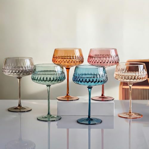 JOVGANK Colored Martini Set of 6, Hand Blown Colorful Cocktail Glasses 14Oz, Vintage Champagne Coupe, Large Margarita, Crystal Retro Style Bar Drinking, Multicolor - color: Vintage-Multicolor
