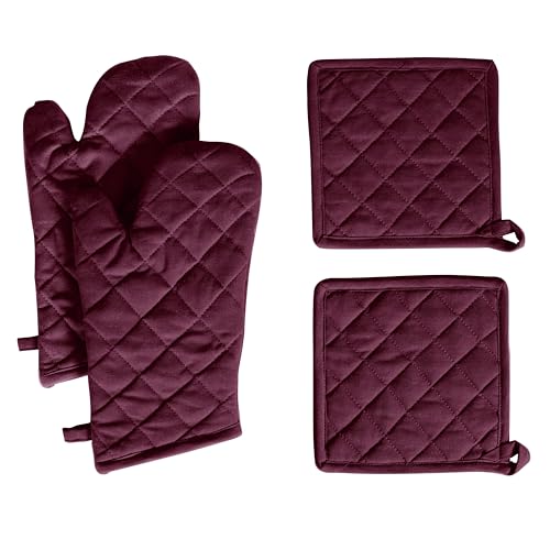 Native Fab 4 Piece Set - 2 Oven Mitts & 2 Potholders, Heat Resistant, 100% Cotton, Quilted Design, Non-Slip Grip, Machine Washable, Ideal for Baking, Cooking, BBQ, Kitchen Protection - Burgundy Wine - color: Burgundy Wine