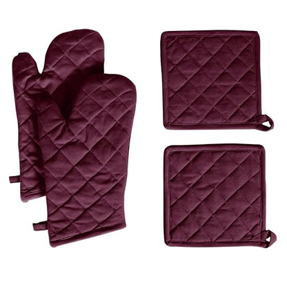 Native Fab 4 Piece Set - 2 Oven Mitts & 2 Potholders, Heat Resistant, 100% Cotton, Quilted Design, Non-Slip Grip, Machine Washable, Ideal for Baking, Cooking, BBQ, Kitchen Protection - Burgundy Wine - color: Burgundy Wine