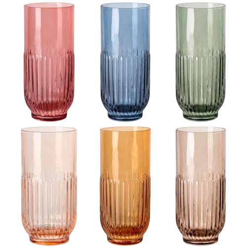 13oz Colorful Drinking Glasses Set of 6,Colored Water Glasses Ribbed Drinking Glasses Set Highball Drinking Glasses 13oz,Vintage Ribbed Tumbler Glasses for Water, Cocktail - color: Mixcolor-13oz-6pcs