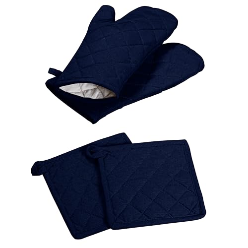 Oven Mitt (7"x13") & Pot Holder (8"x8") 100% Cotton Set of Heat Resistant Oven Gloves & Hot Pads for Gifts, BBQ, Cooking, Baking, Thanksgiving - Navy Blue - color: Navy Blue