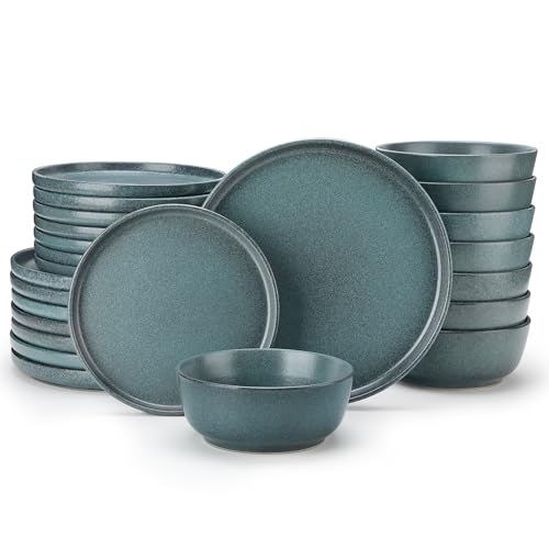 vancasso ZERMATT 24 Pieces Stoneware Dinnerware, Plates and Bowls Set for 8 | Dishes Set for 8 in Smoky Teal Reactive Glaze Stoneware, Kitchen Dinner Set, Microwave and Dishwasher Safe - color: Smoky Teal, size: 24 Pcs (Service for 8)