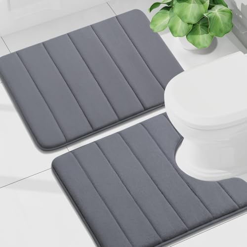 Buganda Memory Foam U-Shaped Toilet Rug Bath Mat Sets 2 Piece, 24x16+24x20 | Dark Grey, Bathroom Mat and Contoured Toilet Rug, Machine Wash Dry, Soft Absorbent Bath Rug for Bathroom, Shower and Tub - color: Dark Grey, size: 24" X 16"+24" X 20"