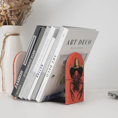 Crawfish Wearing Cowboy Hat Western Rustic Bookends | 2 Pcs Wooden Book Stopper Organizer For Home Office Libraries