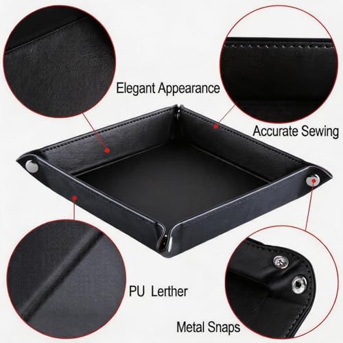 Valet Tray Desktop Storage Organizer – Vegan Leather Catchall Tray Bedside Vanity Tray Nightstand Caddy Holder for Remote Controller, Watch, Keys, Phone, Wallet, Coin, Jewelry, Black - color: Black