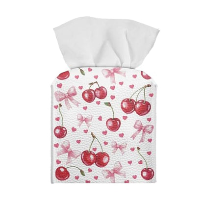 Cherry Heart Tissue Box Covers Leather PU Facial Paper Organizers Dispenser Foldable Square Facial Tissue Case for Tabletop Bathroom Night Stand - color: Cherry Heart