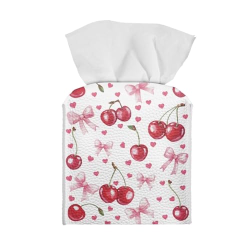 Cherry Heart Tissue Box Covers Leather PU Facial Paper Organizers Dispenser Foldable Square Facial Tissue Case for Tabletop Bathroom Night Stand - color: Cherry Heart