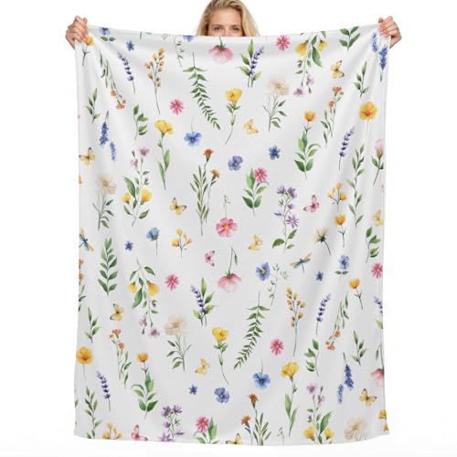 Spring Summer Flannel Blanket Throw 80 x 60 Inch, Colorful Flowers Botanical Green Plants Fleece Blanket Soft Warm Cozy Blanket for Home Sofa Bedding - color: Spring Floral, size: 60"L x 80"W