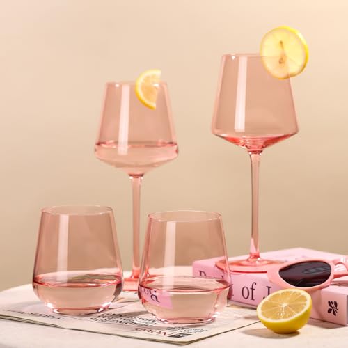 Physkoa Pink Stemless Wine Glasses Set of 6-17 oz Hand-Blown Crystal Pink Glassware with no Stem, Wedding, Birthday Gifts for Women Her Wine Lovers - color: Stemless Pink