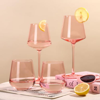 Physkoa Pink Stemless Wine Glasses Set of 6-17 oz Hand-Blown Crystal Pink Glassware with no Stem, Wedding, Birthday Gifts for Women Her Wine Lovers - color: Stemless Pink