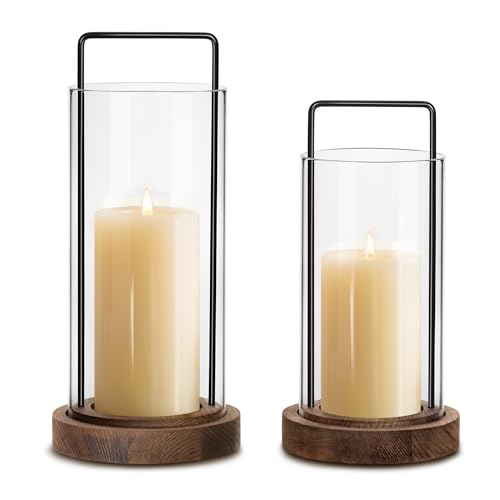 Houmury Farmhouse Candle Holder Decor Boho Glass Hurricane Lantern for Table Centerpieces Set of 2 Decorative Wood Metal Candle Holders for Living Room Dining Patio Home Decoration (Brown) - color: Brown